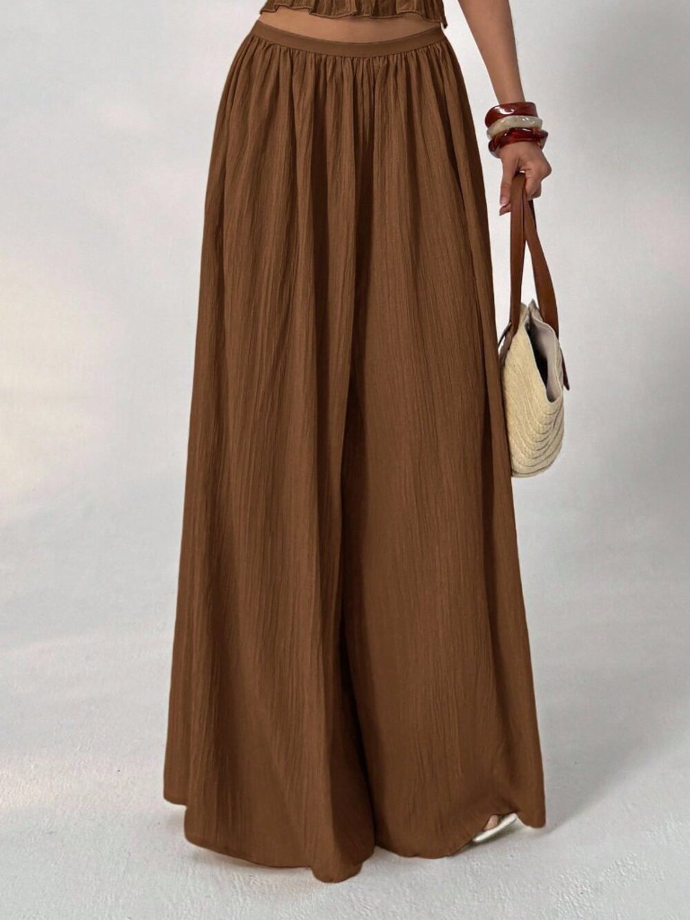 Brown Casual Women's Loose Textured Pants - Picture 3 of 7
